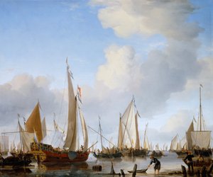 Calma - Uno yacht di stato a vela vicino alla riva con molte altre navi da Willem van de Velde the Younger
